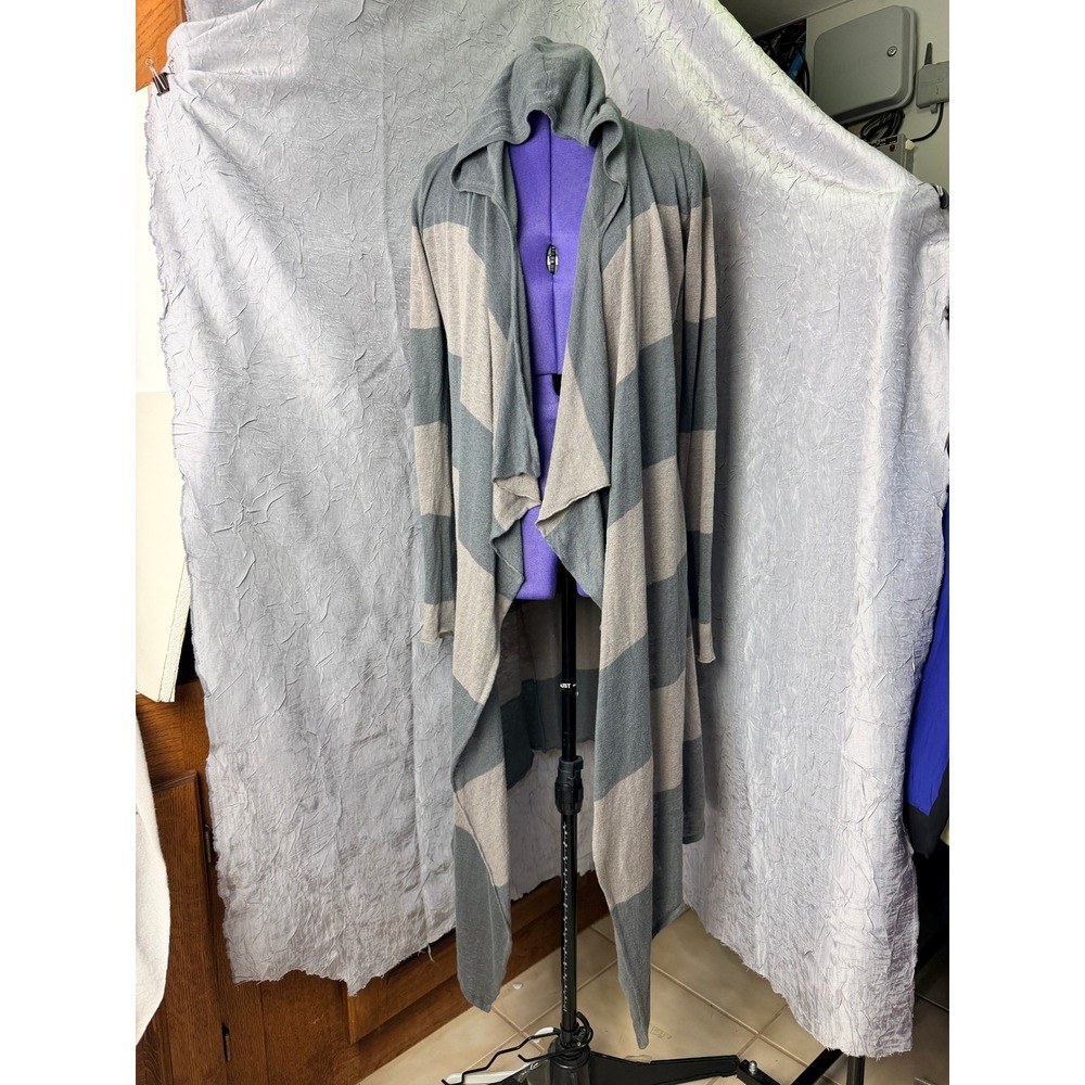 Jamison Linen Striped Hooded Duster Cardigan Grey Tan Thumb Hole Y2K Sz S Grunge